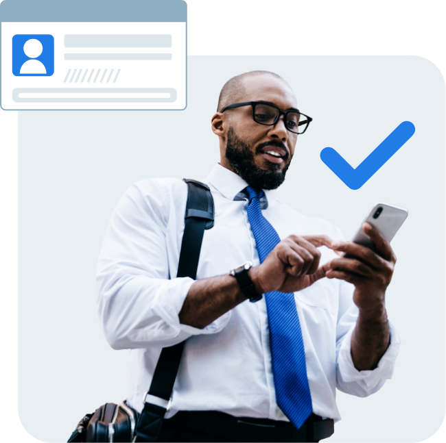 Man looking at phone, with blue tick and ID